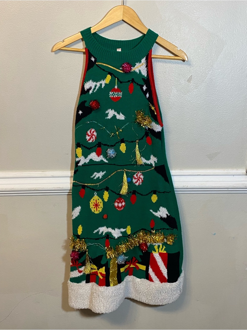 No Boundaries Green Holiday Ornament Knit Dress with Multicolor Accents